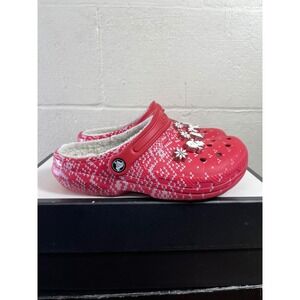 Crocs Classic Lined Holiday Charm Clog Red White Dual Comfort Women's Size 7